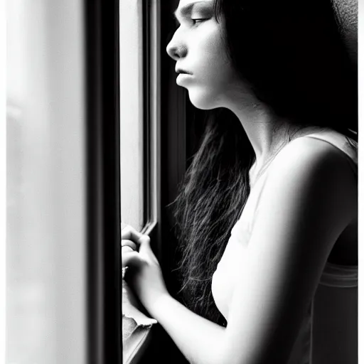 Prompt: black and white photography of highly detailed beautiful depressed Woman with detailed face in the heroine chique style standing by the window, vintage, natural light, sigma 24 f2.8