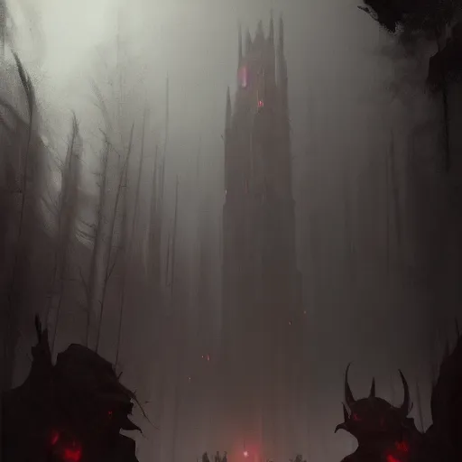 Prompt: devil, scary, magical area, foggy area, by greg rutkowski, sharp focus, man standing, hell