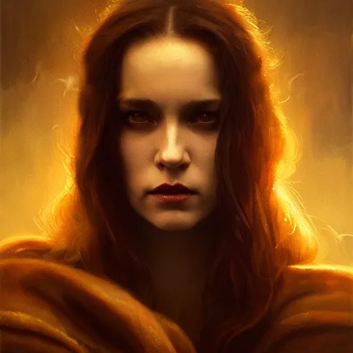 Image similar to majestic gracious regal aristocratic brunette female vampire portrait, atmospheric lighting, painted, menacing, intricate, volumetric lighting, beautiful, rich deep colours masterpiece, golden hour, sharp focus, ultra detailed, by leesha hannigan, ross tran, thierry doizon, kai carpenter, ignacio fernandez rios