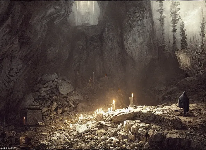 Prompt: A hooded dark figure approaches an abandoned mine in a cave lit by candles, Ivan Shishkin and Greg Rutkowski