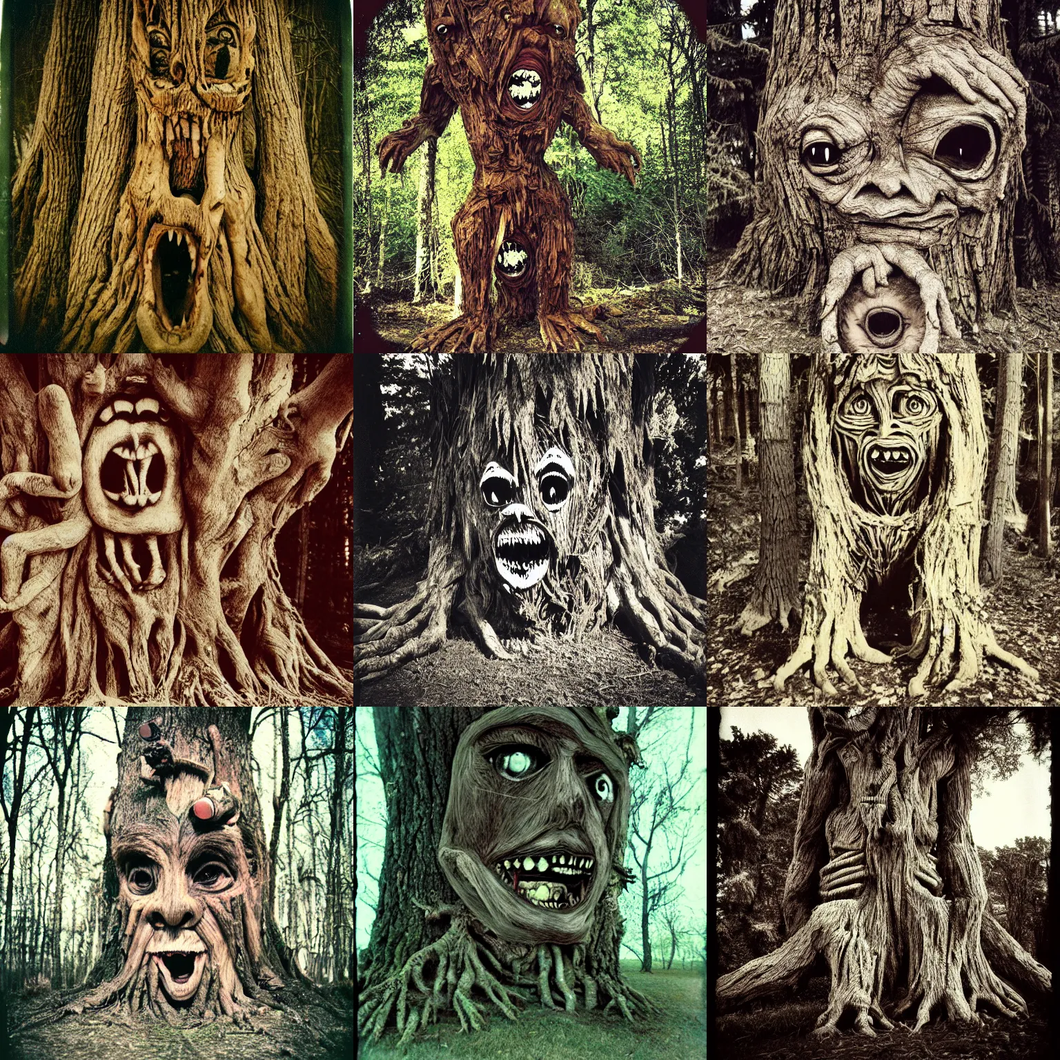 Prompt: a terrifying tree monster with distorted faces made of bark, lovecratftian horror, shot on expired instamatic film