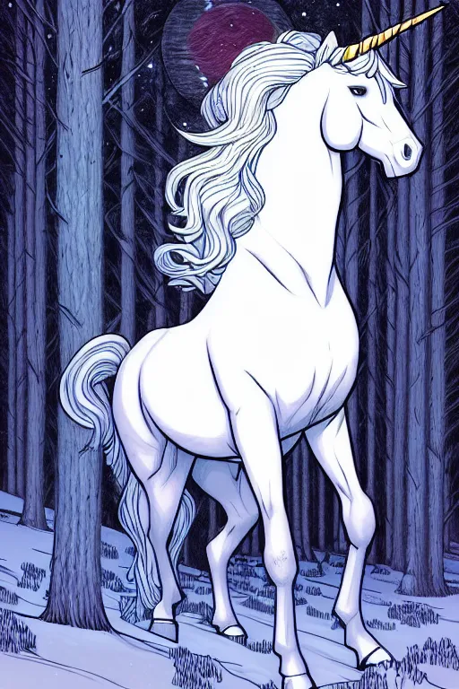 Prompt: comic cover art portrait of a unicorn in a moonlit winter forest, dnd, high fantasy digital illustration, by jenny frison and sana takeda, intricate details, stunning inking lines, flat colors, 4 k, hd, artstation