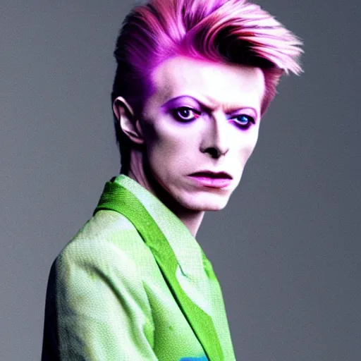 Image similar to a photo of blond david bowie in purple jacket and light-green shirt in style of Kira Yoshikage