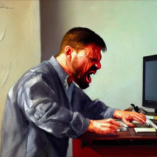 Image similar to an angry man yells at his computer monitor, oil on canvas, highly detailed, high resolution