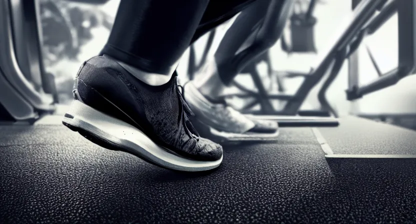 Image similar to close up on worn out running shoes running on a treadmill. sci - fi. cinematic lighting. dark. moody. octane render. subdued tones.