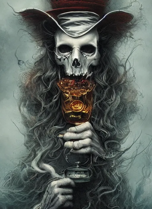 Image similar to Mad hatter big cloud of smoke, drinking whisky, death tarot card,highly detailed,half skull face,cinematic,8k,by Stanley Artgermm,Tom Bagshaw,Greg Rutkowski,Carne Griffiths, Ayami Kojima, Beksinski, Giger,trending on DeviantArt,hyper detailed,horror, full of colour