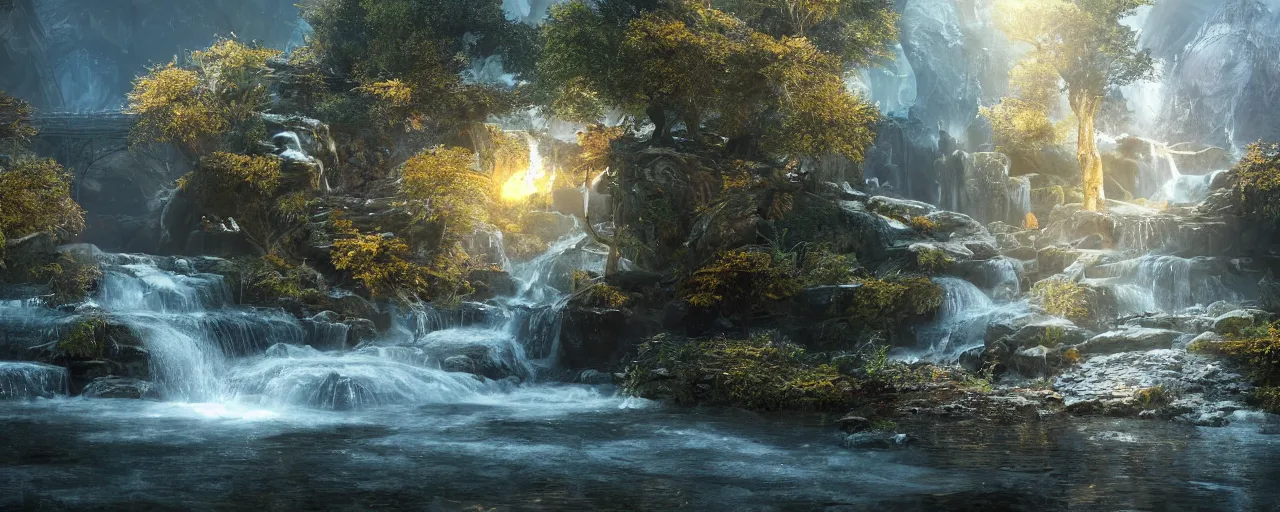 Image similar to of the throne of god and flowing from the throne is a river of the water of life as clear as crystal and in the middle of the river is a golden street and on either side of the river is a tree of life by daniel f. gerhartz and matt stewart, fantasy, photorealistic, octane render, unreal engine, dynamic lighting