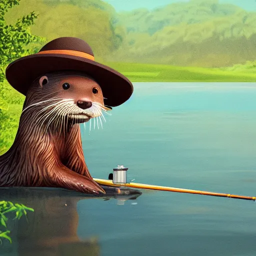 Image similar to painting of Otter in hat with fishing rod, fishing in river on boat near morning forest, stylized, octane render, Ghibli style