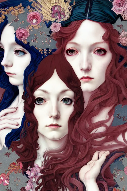 Image similar to a triad of winter muses, style blending æon flux, shepard fairey, botticelli, ivan bilibin, and john singer sargent, inspired by pre - raphaelites, shoujo manga, and harajuku fashion, stark landscape, muted dark colors, superfine inklines, ethereal, otherworldly, 4 k photorealistic, arnold render