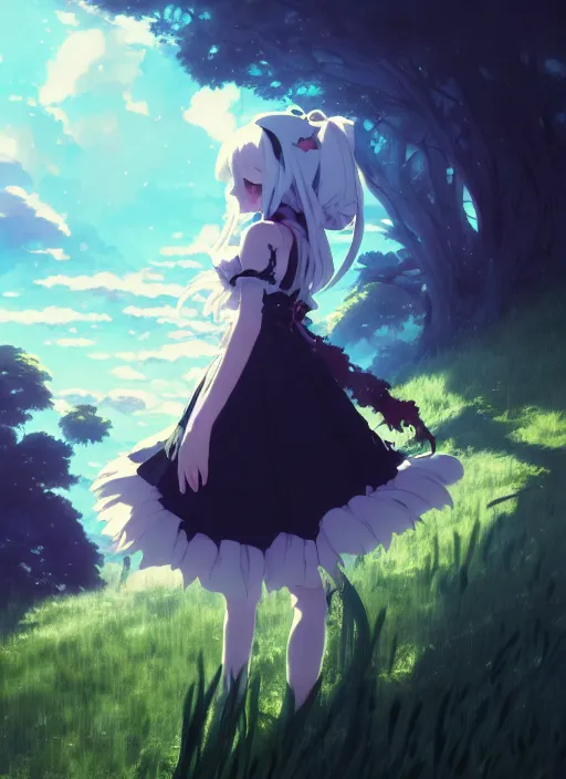 Image similar to portrait of gothic alice from wonderland, cloudy sky background lush landscape illustration concept art anime key visual trending pixiv fanbox by wlop and greg rutkowski and makoto shinkai and studio ghibli