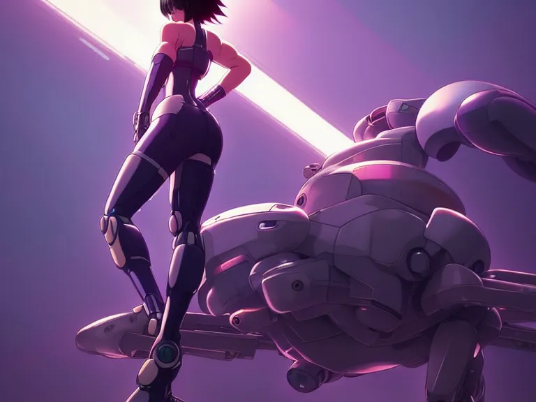 Image similar to a fullbody portrait of motoko kusanagi riding on top of a tachikoma : : stand alone complex, ghost in the shell, netflix : : by ilya kuvshinov, rossdraws, artgerm, sola digital arts, anti aliasing, raytracing : :