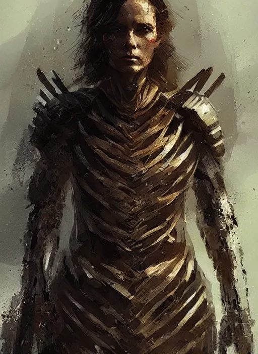 Prompt: epic woman portrait in armour made out of darwin's bark spider silk by greg rutkowski