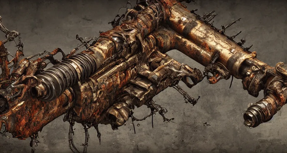 Prompt: Techno-biological rusty rifle consisting of tumors, veins, bones, kidneys, wires. Biopunk, body-horror, high detail, photorealism, full length view, very rust, concept art, octane render, 16k, 8k