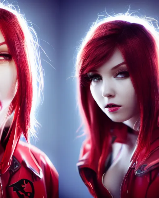 Image similar to a girl with short red hair, cool, vi from arcane, league of legends, fighter, cool red jacket, tattoo, beautiful, 3 d, potrait, art staion, studio light, closeup shot, octane render, wlop, realistic, neon