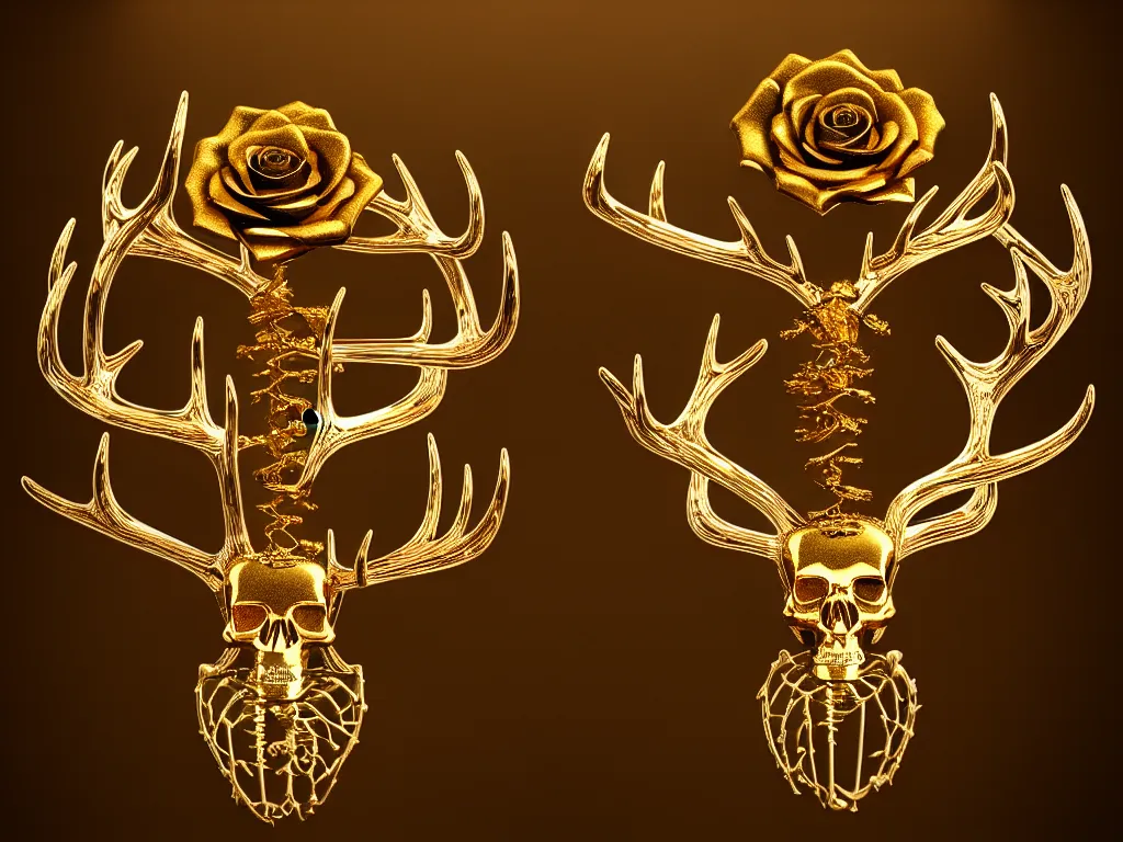 Prompt: deer skeleton dripping gold, chrome plated roses, gilded paracosm, tree of life in the background, moody, dramatic, transcendent, vibrant color, clean linework, finely detailed, 4 k, trending on artstation, photorealistic, volumetric lighting, octane render