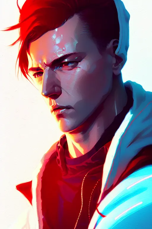 Image similar to cyberpunk synth, hyper - realistic portrait of a man in a white and red hoodie, cyberpunk, by atey ghailan, by greg rutkowski, by greg tocchini, by james gilleard, by joe fenton, by kaethe butcher, dynamic lighting, gradient light blue, brown, neon cinematic lighting color scheme, sharp focus, grunge aesthetic