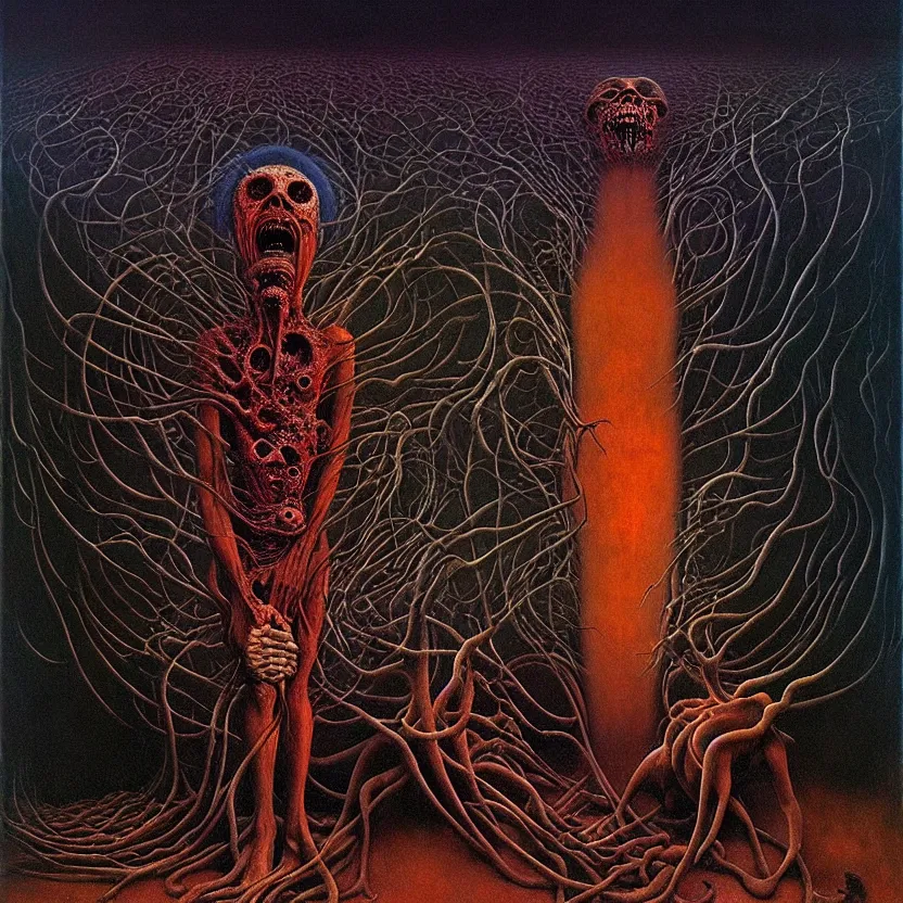Image similar to a living nightmare, cosmic horror, by zdzisław beksinski and esao andrews and salvador dali, oil on canvas, mixed media, abstract, surreal, horror, dark, intricate textures
