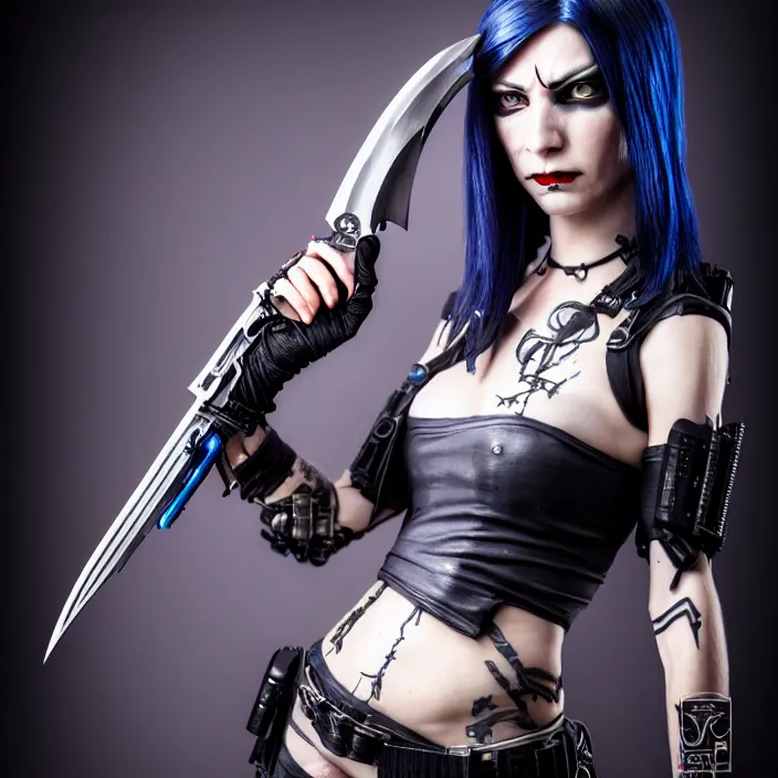Prompt: full length portrait photograph of a real-life beautiful woman cyberpunk assassin with dagger. Extremely detailed. 8k