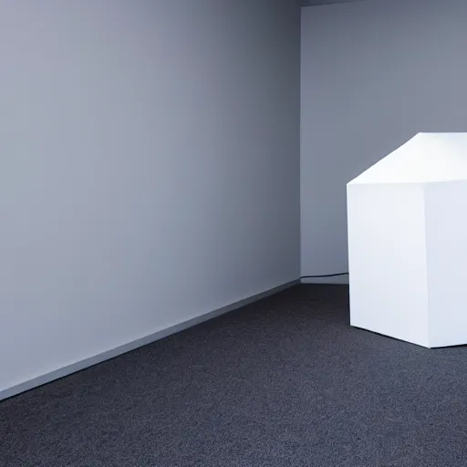 Image similar to an ultra high definition professional studio quality photograph. the photo is set in a plain empty white studio room with a plain white cube in the middle of the room, a mobile phone is on top of the cube in the centre of the photograph. three point light studio lights. colour graded.