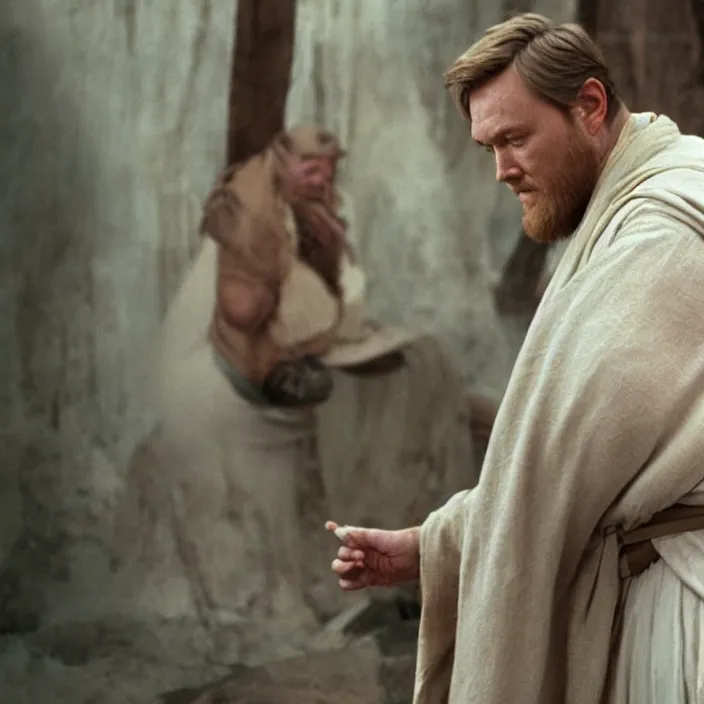 Image similar to obi wan kenobi but obese!! and overweight, photoralistic rendering, movie still, screenshot, hyperdetailed