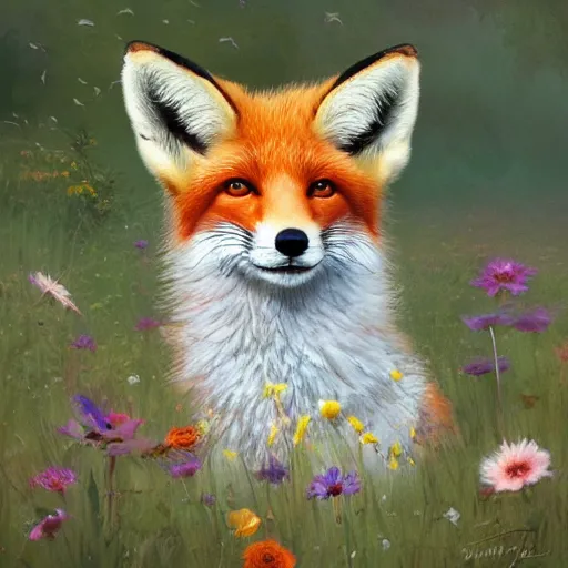 Image similar to a portrait of a cute fox in a field of beautiful flowers, by stanley lau and greg rutkowski