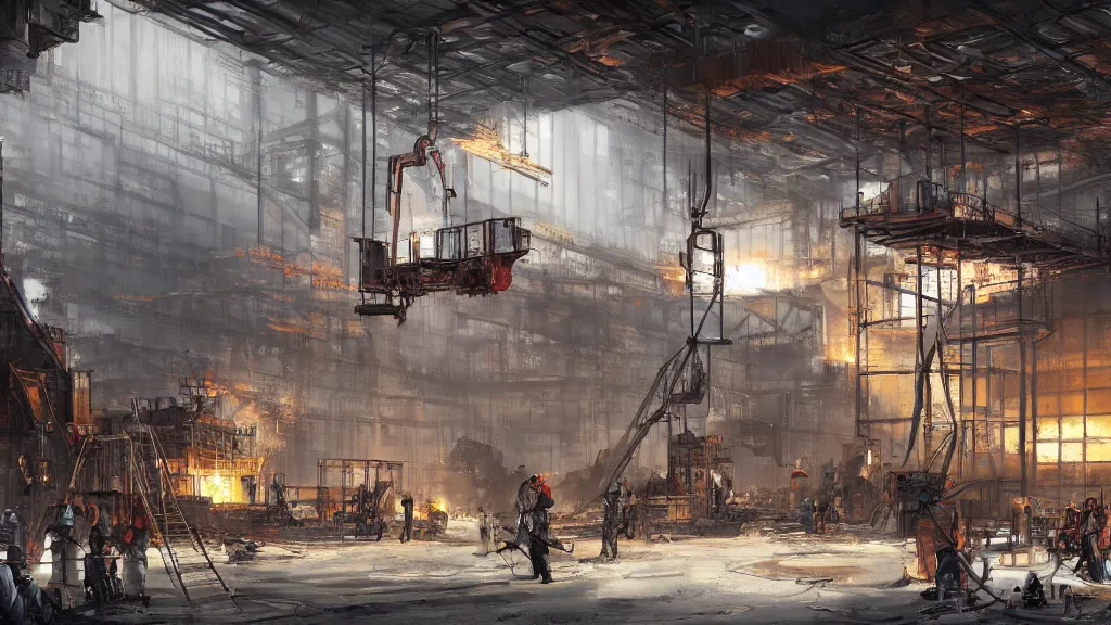 Prompt: interior of heavy steel foundry with cranes and engineers working on molten steel, papyrus, watercolored, jakub rozalski, bright colours, dieselpunk, concept art, trending on artstation