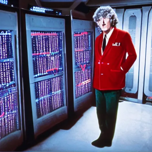 Prompt: Tom Baker as Doctor Who in red outfit in Tardis secondary control room