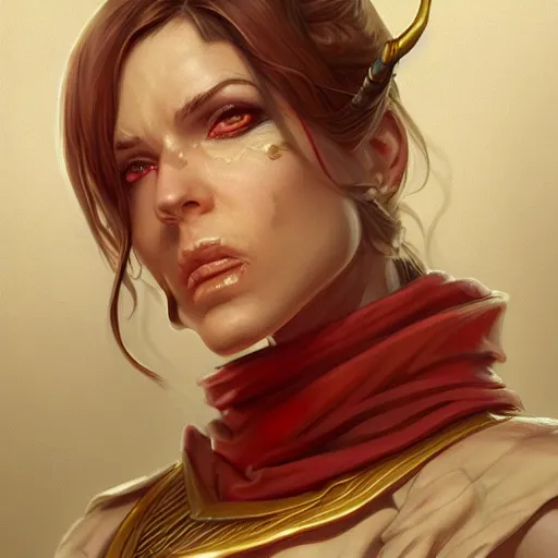 Image similar to female artificer, arrogant, D&D, fantasy, portrait, highly detailed, digital painting, artstation, concept art, sharp focus, illustration, art by artgerm and greg rutkowski and magali villeneuve, red white and gold color scheme