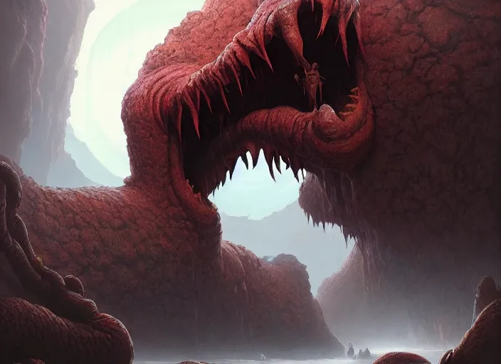 Image similar to giant monstrous aggressive slime creature screaming at the camera, cavescape with epic dramatic lighting, epic science fiction horror digital matte painting by Moebius and Mark Brooks (and Greg Rutkowski), extremely detailed, artstation