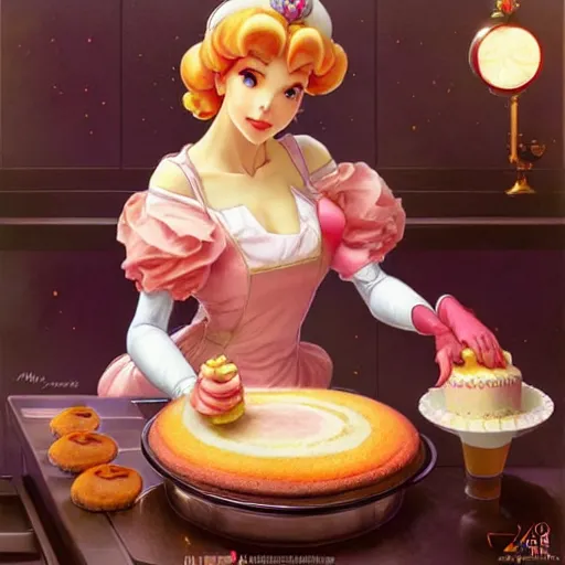 Prompt: princess peach baking a cake while that one weird computer mainframe watches her, art by artgerm and greg rutkowski and alphonse mucha