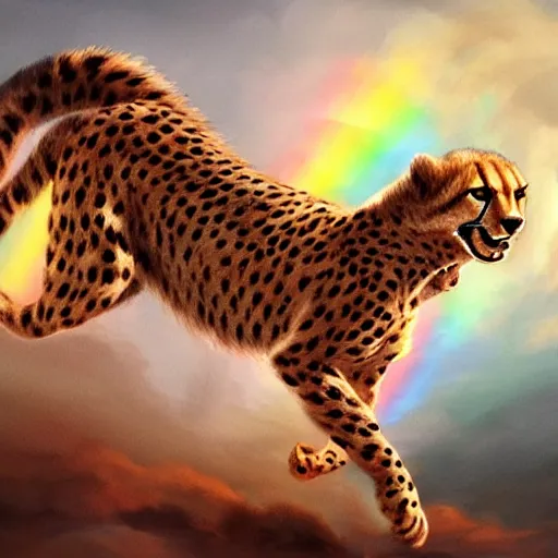 Prompt: cheetah running on a rainbow, high detail, concept art, artstation,