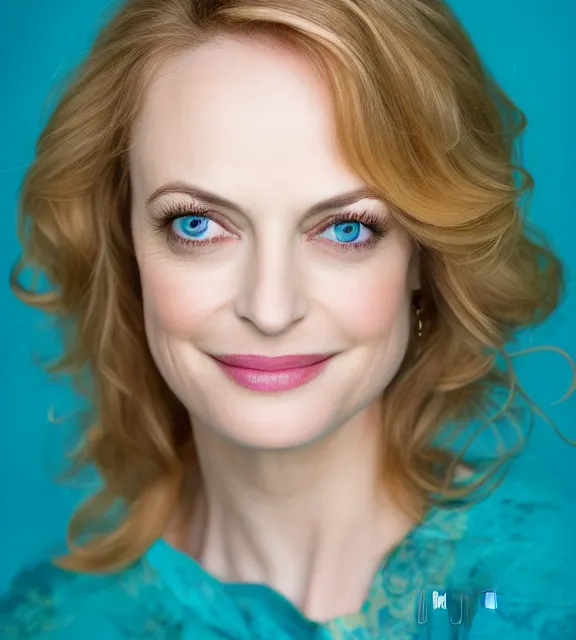 Prompt: beautiful portrait photo of Heather Graham, slight smile, 85mm, teal studio backdrop