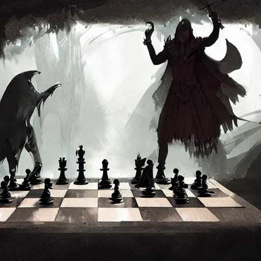 Prompt: playing a game of chess with the devil, fantasy illustration, by greg rutkowski