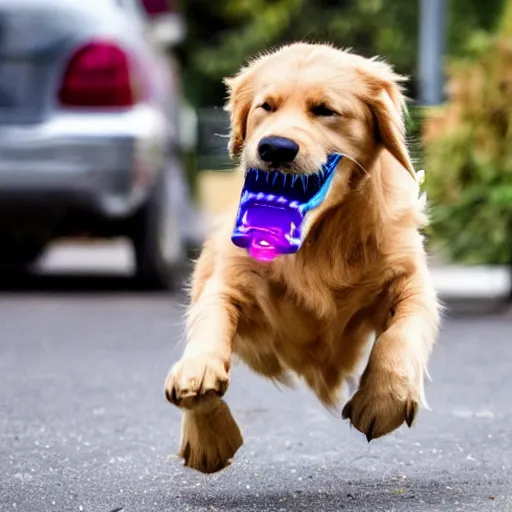 Prompt: a golden retriever running away with the infinity gauntlet in its mouth