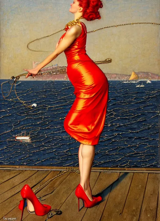 Image similar to a fancy beautiful young lady standing on a wharf at the edge of the sea, very tight gold chain belt, stylish heels, beautiful hair, red dress, by brom and gil elvgren and jean delville and william blake and norman rockwell and michael whelan, crisp details, hyperrealism, high detail, high contrast, low light