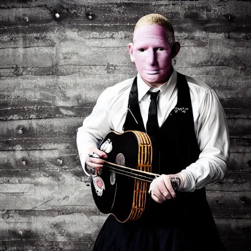 Image similar to Corey Taylor wearing a tutu, playing the banjo. Music magazine cover, band photography, studio lighting