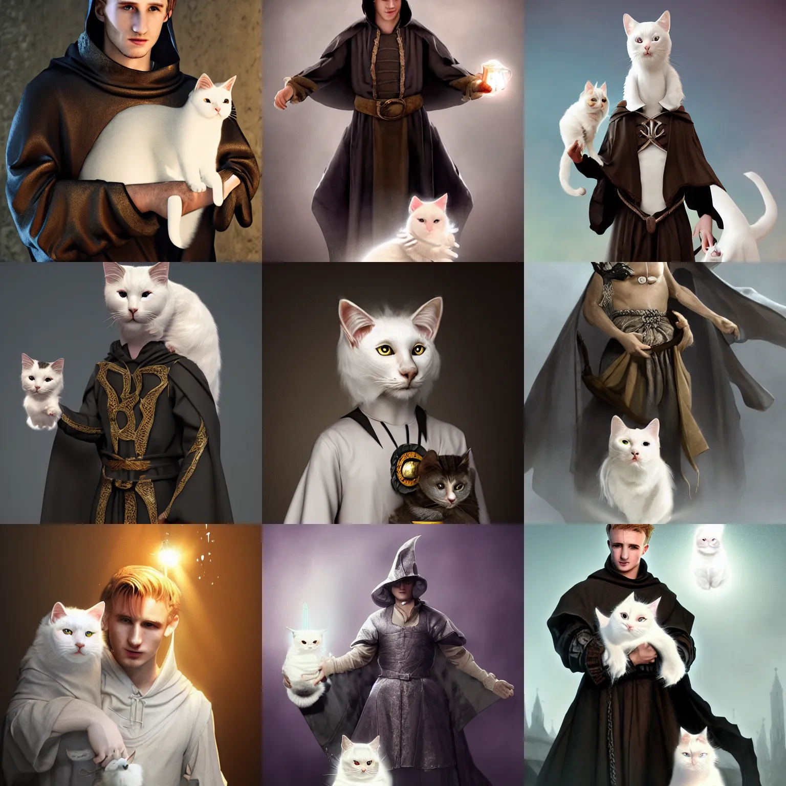Prompt: Jack Laugher wearing medieval witch robes holding a magical glowing white cat. Trending on Artstation, octane render, ultra detailed, art by Ross tran