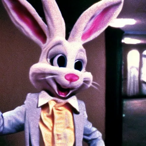 Prompt: Film still photograph of Bugs Bunny (creepy hyper-realistic surreal horror) in Twin Peaks (1990)