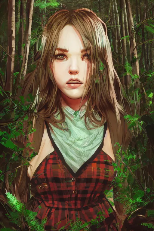 Image similar to woman in a dark forest, detailed plaid miniskirt, beautiful realistic face portrait, detailed eyes, trending on artstation, by dan mumford, anime style, octane render