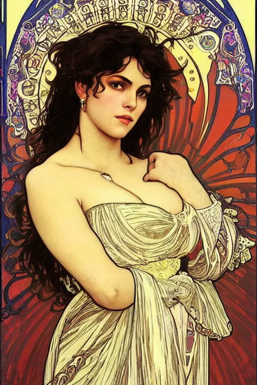 Image similar to portrait of monica belucci from the movie malena, artwork by alphonse mucha