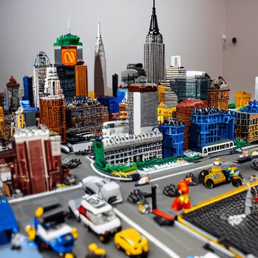 Image similar to detailed lego build of new york city on garage table, professional photo, professional lighting, HDR