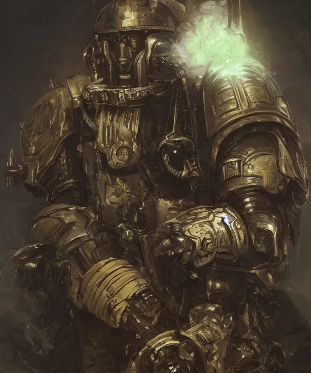 Image similar to morgan freeman as warhammer 4 0 k space marine chaplain, portrait, fantasy, intricate, elegant, highly detailed, digital painting, artstation, concept art, smooth, sharp focus, illustration, art by artgerm and greg rutkowski and alphonse mucha