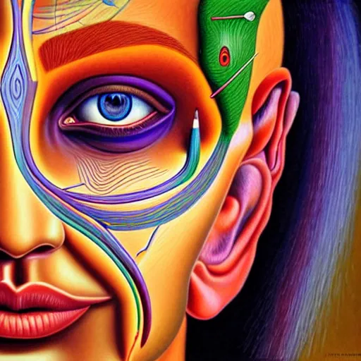 Prompt: rich colors, angelic being of happiness and joy, anatomically accurate model of the full human female muscular system, intricate parts, portrait, luscious lips, one cute nose, two penetrating fierce eyes, oil painting by alex grey