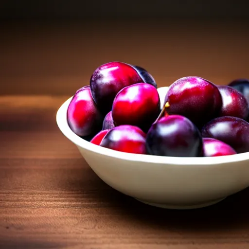 Image similar to photo of a thick porcelain bowl filled with a few moist freshly picked plums on a wooden table. volumetric lighting. 4 k. small scale. realistic. top down.