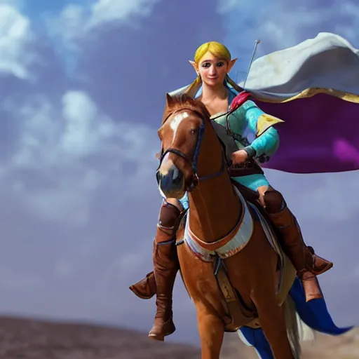 Image similar to zelda riding a horse on moon, detailed realistic face, hyper realistic, 4 k octan render, unreal 5