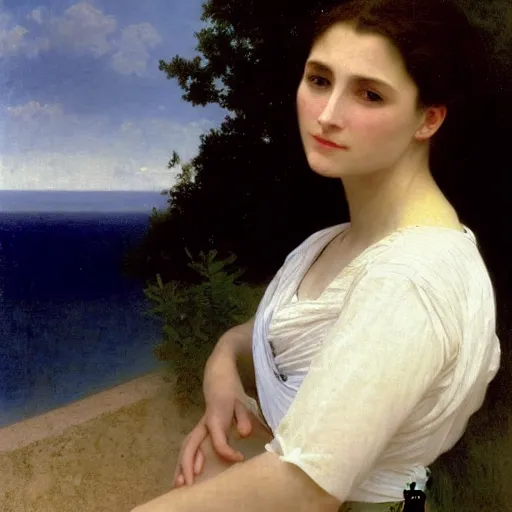 Image similar to A portrait of a woman in a long white dress in front of an ocean with overcast skies, backlit, painting by William-Adolph Bouguereau