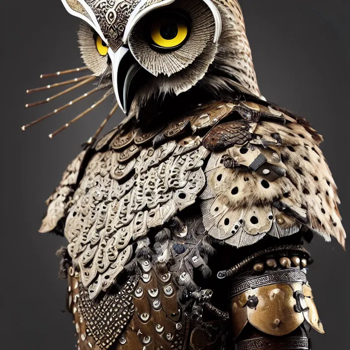 Prompt: photograph of a warrior with meal ornate owl armour. Extremely detailed. 8k