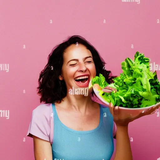 Image similar to alamy stock picture of a woman eating salad and laughing, pastel background, 4k