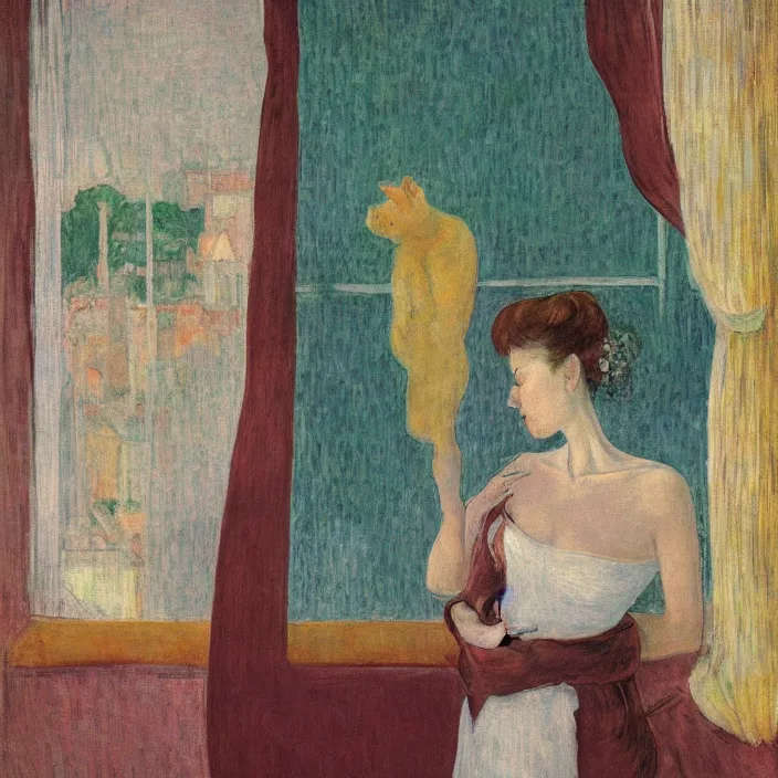 Prompt: portrait of woman in night gown, white cat and aloe house plant with brutalist city seen from a window frame with curtains. night. agnes pelton, caravaggio, bonnard, henri de toulouse - lautrec, utamaro, matisse, monet