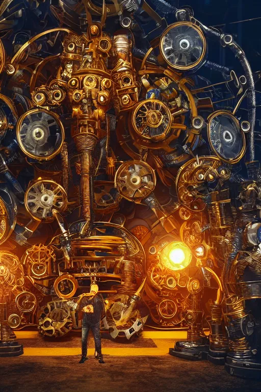 Image similar to portrait photo of a broken giant huge golden and blue metal broken steampunk robot with big gears and tubes all over the floor, eyes are glowing red lightbulbs, shiny crisp finish, 3 d render, 8 k, insaneley detailed, fluorescent colors, background is multicolored lasershow